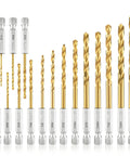 amoolo 16-piece hex-shank drill bit set, titanium-coated HSS bits (1/16–1/4 in) for wood, metal, plastic
