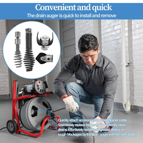Reliable Ten Piece Drain Snake Drill Attachment And Heavy Duty Spiral Auger Cutter Set For Five Eighth Inch Pipes in use with drain machine.