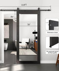 Image showing 36 Inch Wide By 84 Inch Tall Mirror Barn Door Built Tough With 6.6 Foot Sliding Hardware Kit Included One Lite Full Length Glass Solid Wood Waterproof PVC Surface Scratch Resistant No Assembly Required Black installed in modern bathroom.