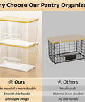 No Fuss Pantry Organizers With Bamboo Lids And Heavy Duty Trash Bag Dispenser For Four Through Thirteen Gallon Rolls shown with clear boxes and lid.