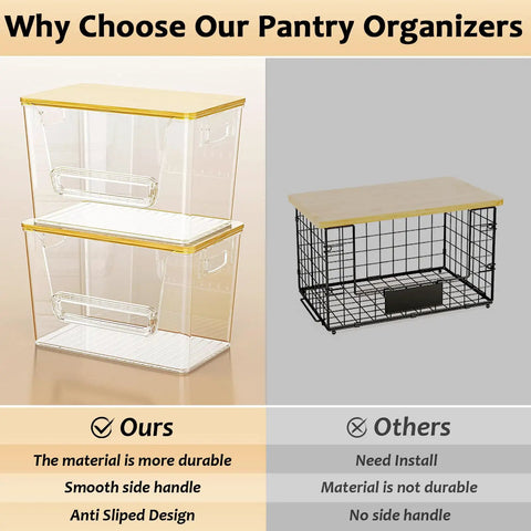 No Fuss Pantry Organizers With Bamboo Lids And Heavy Duty Trash Bag Dispenser For Four Through Thirteen Gallon Rolls shown with clear boxes and lid.