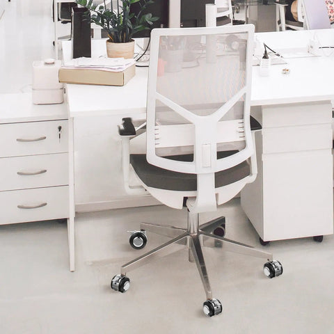 Office Chair Caster Wheel Zinc Alloy Swivel Wheel with Brake, 4pcs on a modern white office chair in a bright workspace.
