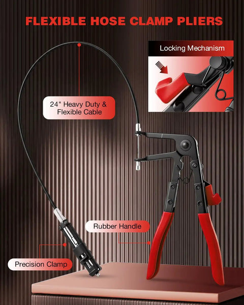 Heavy Duty Hose Clamp Pliers Set 9Pc Kit for Car Engine Repairs, featuring 24-inch flexible cable and rubber handle close-up.