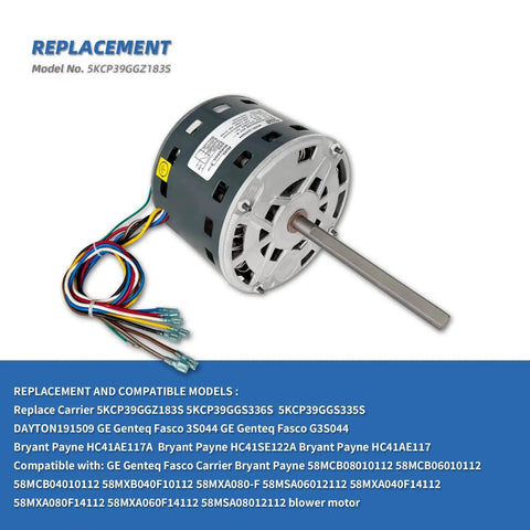 Blower Fan Motor One Third HP 115V Replacement For Furnace 1075 RPM Four Speed CW Shaft Half Inch, side view with wire connectors