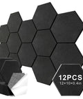 Hustle Free Peel And Stick Hexagon Acoustic Panels Self Adhesive Sound Deadening Foam Tiles displayed in a black color, 12 pieces.