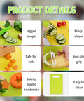 Montessori Kids Knives set product details collage front view showing jagged and wavy shapes, safe for kids, non-slip grip