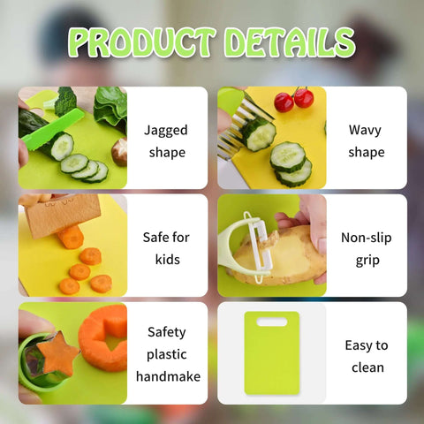Montessori Kids Knives set product details collage front view showing jagged and wavy shapes, safe for kids, non-slip grip