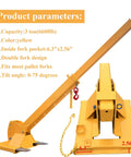 Top Shelf Forklift Jib Boom Crane 6600 Lb Capacity Telescoping Mobile Lifting Hoist attached to pallet fork, yellow steel, 0-75 degree tilting.