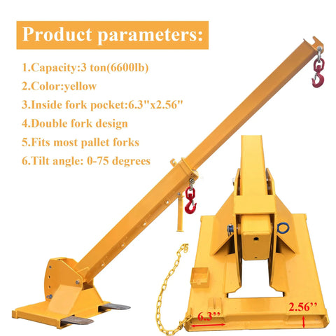 Top Shelf Forklift Jib Boom Crane 6600 Lb Capacity Telescoping Mobile Lifting Hoist attached to pallet fork, yellow steel, 0-75 degree tilting.