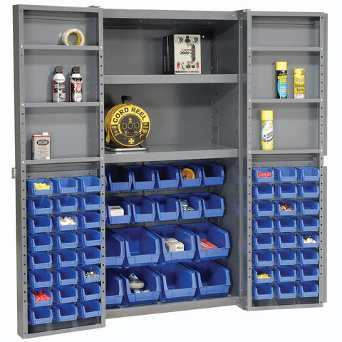 Heavy Duty Deep Door Bin Cabinet Organizer Built Solid To Level Up Your Garage Setup With Sixty Eight Rugged Blue Plastic Parts Bins And Fully Adjustable Shelves, showcasing customizable storage.