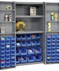 Heavy Duty Deep Door Bin Cabinet Organizer Built Solid To Level Up Your Garage Setup With Sixty Eight Rugged Blue Plastic Parts Bins And Fully Adjustable Shelves, showcasing blue bins filled with tools.