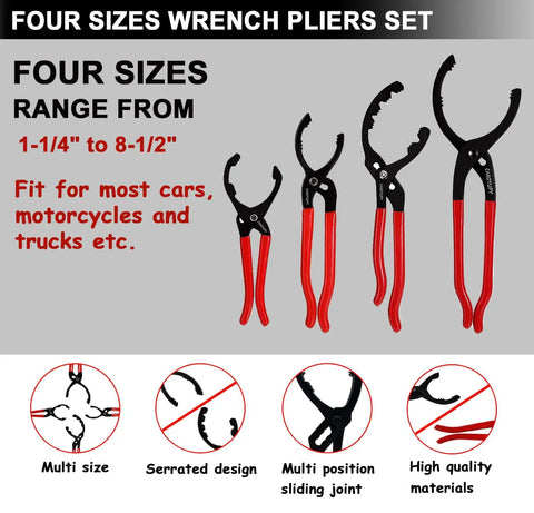 Beefed Up Adjustable Oil Filter Pliers Set With 10, 12, 14, And 16 Inch Pliers, Universal Removal Tool For Cars Trucks And Motorcycles