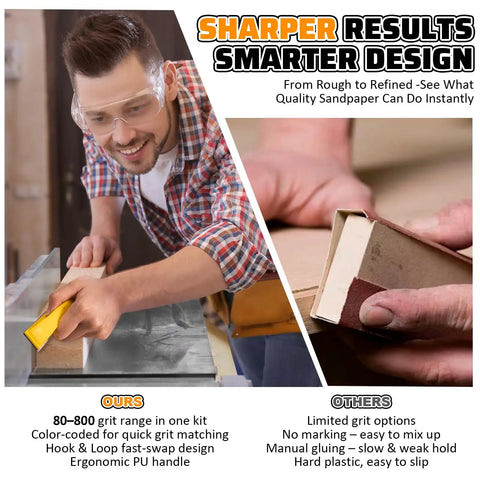 Man using Premium Micro Sander Kit With 54 Pcs Detail Hand Sanding Block And 9 Grit Sandpapers 80 To 800 For Woodwork.