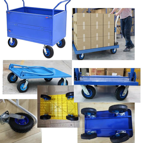 Rock Solid Heavy Duty Swivel And Fixed Caster Set With Smooth Rolling Ball Bearings Includes Hassle Free Mounting Hardware For Hand Trucks And Utility Carts Comes In Multiple Sizes To Handle Heavy Loads No Sweat, featuring blue utility carts with strong wheels.