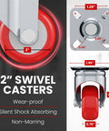 Image showing Eight Pack 2 Inch Swivel Plate Caster Wheels Red Polyurethane No Brake Casters With 50mm Plate And 33mm Hole Centers.
