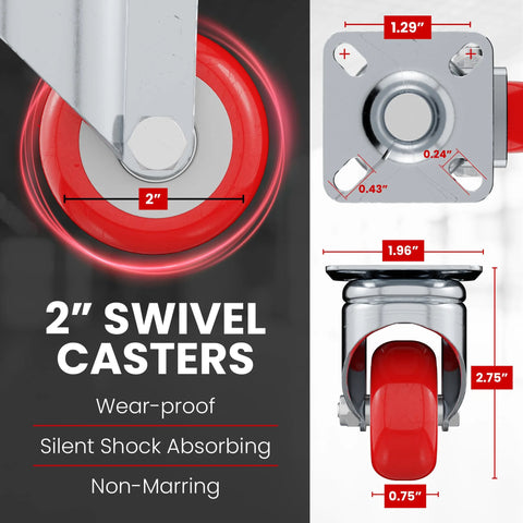 Image showing Eight Pack 2 Inch Swivel Plate Caster Wheels Red Polyurethane No Brake Casters With 50mm Plate And 33mm Hole Centers.