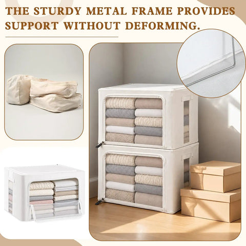 2 Pack Large Capacity Cotton Linen Storage Bags For Sweaters And Bulky Knits Breathable Garment Organizers stacked with folded blankets.