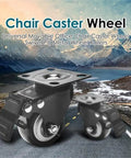 Top Shelf Universal Replacement Caster Wheels Featuring Snappy 360 Degree Swivel Capability And Solid Locking Brake Sweet Non Marking Rollers For Heavy Duty Tool Cart Rigs, close-up of black swivel caster wheels on a mountain background.