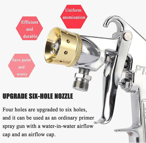Close-up of Heavy Duty Four Gallon Air Pressure Paint Pot With Adjustable Pressure Gauge and Two Millimeter Tip showing six-hole nozzle.