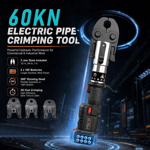 Newest Upgrade 21V Brushless Hydraulic Copper Pipe Crimping Tool Kit With Heavy Duty Dies For Half Inch Three Quarter And One In Pipes Power Presser with 360° rotating head.