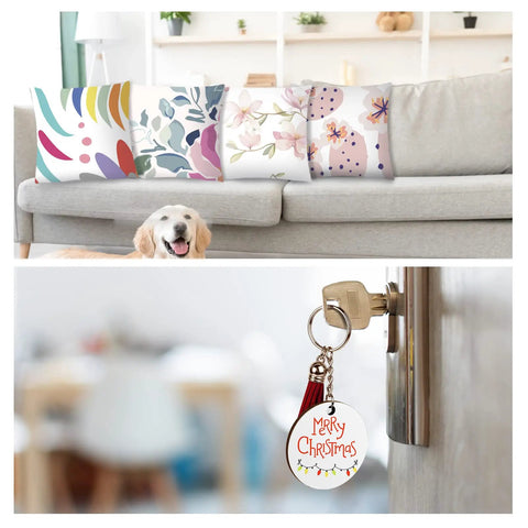 89Pcs Sublimation Blanks Kit For DIY Heat Press Projects Including Car Coasters, Keychains With Tassels, Pillow Covers on sofa