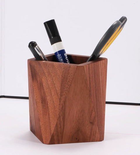 Black Walnut Wood Pen Holder For Desk with pens, showcasing sleek modern pencil cup organizer for office supplies.