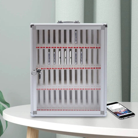 Heavy Duty Cell Phone Locker For Classrooms 48 Slot Portable Storage Cabinet with key latch and aluminum alloy design on a table.