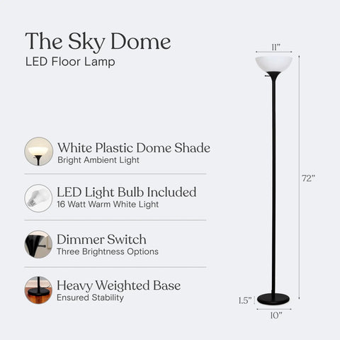Sky Dome Dimmable LED Floor Lamp For Living Room, Bedroom Or Office In Jet Black Finish with 3000K warm white light description
