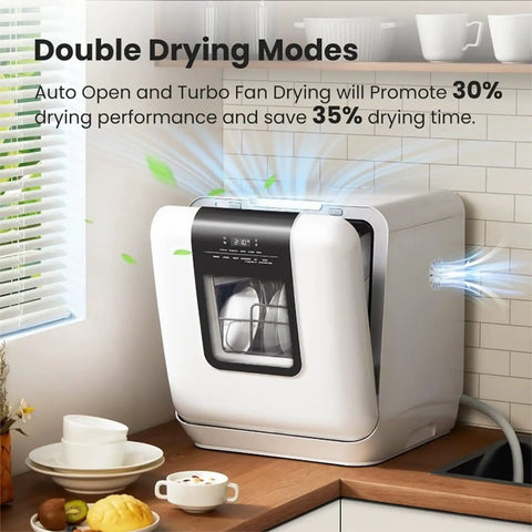 Hassle Free Countertop Dishwasher Plops Onto Your Kitchen Counter, showing double drying modes in a compact 17x25 inch design.