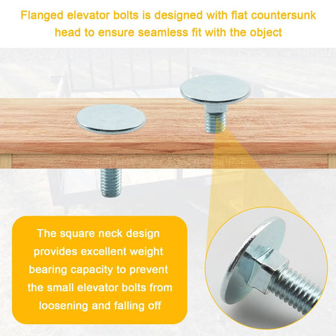 Two zinc-plated flat-head elevator bolts with flanges (3/8-16 x 1-1/2) shown on wood.