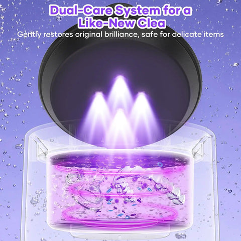 Retainers And Aligners Ultrasonic Cleaner 50kHz Dental Pod with glowing cleaning action in 200ml tank, purple background