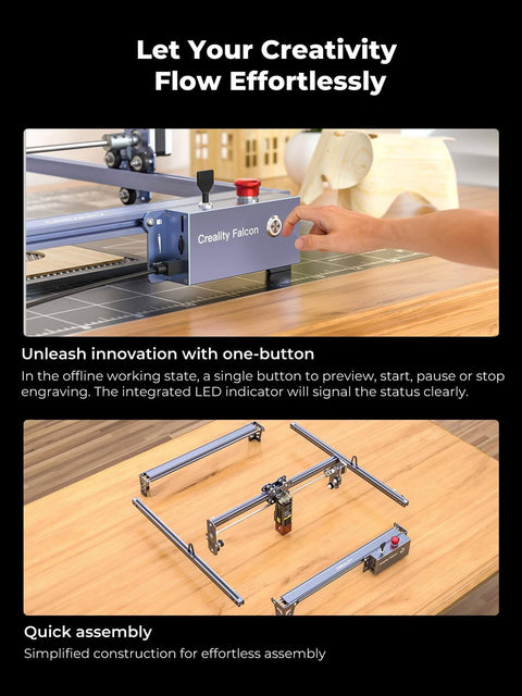 10W Pro Laser Engraver With Air Assist in use, Falcon Pro 10W CNC Laser Engraving Machine parts laid out for assembly on desk