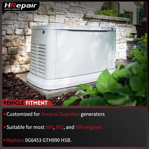 Generac Guardian generator in garden setting, compatible with Stepper Motor Replacement For Generac Guardian GTH990 HSB GTH999 0G6453 Compatible Assembly, Precise Frequency Control, Plug And Play Install, Super Reliable Generator Performance Upgrade.