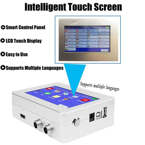Pro Level Industrial Automatic Coding Machine And Label Printer Prints QR Codes Barcodes And Serial Numbers On The Fly With No Sweat Setup And Heavy Duty Assembly Line Reliability with LCD touch screen control panel.