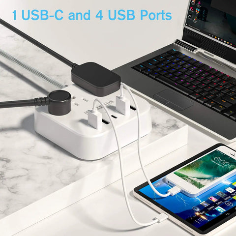 Beefy 10 Outlet Power Strip With 3 USB Ports And 1 USB C 1875W Surge Protector 3600 Joules Flat Plug 6Ft Cable in use