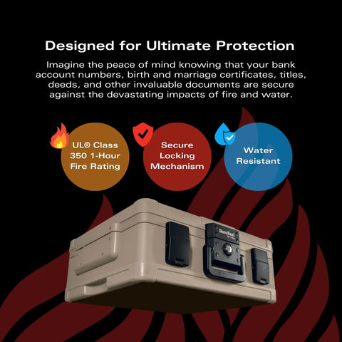 Portable Home Safe With Key Lock And Dual Latches, One Hour UL 350 Fire Rating, 48 Hour Water Protection, taupe color.
