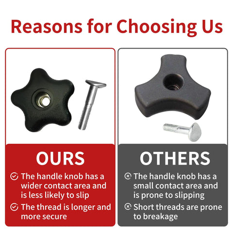 Comparison of handle knob and screw bolt from Handle Knob and Screw Bolt Washer Kit 2 Pack for Lawn Mowers and Snow Blowers DIY Repair Kit Includes Knobs Washers and Bolts Replaces Parts 92 2260 106 4161 107 3844