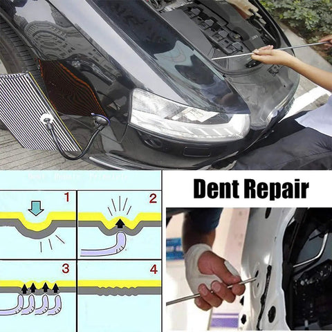 Professional Paintless Dent Repair Rods Tool Kit 21 Piece Stainless Steel Auto Body Dent Tools in use on car hood