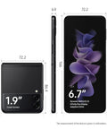 Galaxy Z Flip 3 5G Unlocked Android Cell Phone With 256GB Storage Flex Mode Super Steady Camera Ultra Compact Flip Device Phantom Black Us Version Fire Pocket Design Zero Hassle Unlock dimensions showing front and back views.