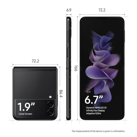 Galaxy Z Flip 3 5G Unlocked Android Cell Phone With 256GB Storage Flex Mode Super Steady Camera Ultra Compact Flip Device Phantom Black Us Version Fire Pocket Design Zero Hassle Unlock dimensions showing front and back views.