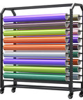 Rock Solid Commercial Fabric Roll Storage Rack Featuring Adjustable Hanging Bars For Wallpaper Linen Setup Plus Hella Sturdy Steel Frame with colorful rolls.