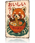 Vintage Red Panda Ramen Metal Sign Wall Art 8x12 Inch Tin Poster with red panda holding ramen bowl, Japanese text.