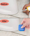 Two Piece Caulking Tool Set For Sealant, Grout, And Caulk Smoothing, Flexible Plastic Tools With 10 Edge Shapes For Kitchen, Bathroom, And Floor Use, Blue shown in use on floor trim.