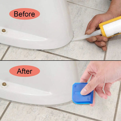 Two Piece Caulking Tool Set For Sealant, Grout, And Caulk Smoothing, Flexible Plastic Tools With 10 Edge Shapes For Kitchen, Bathroom, And Floor Use, Blue shown in use on floor trim.
