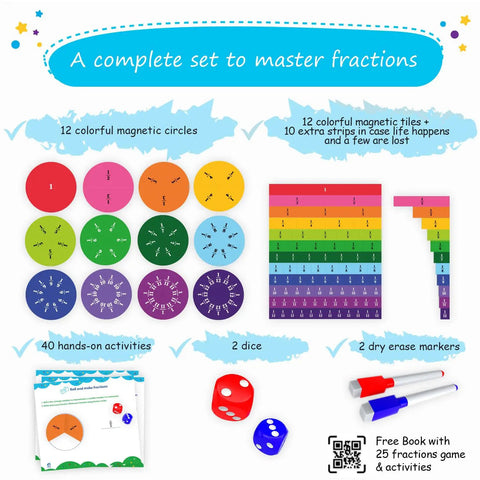 166 Piece Magnetic Fractions Kit For Hands On Math Learning with colorful circles, tiles, dice, markers, and activity book.
