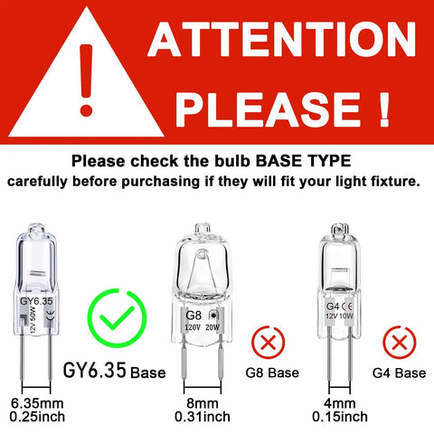 GY6.35 50W Dimmable Halogen Bulbs 12V Warm White 2700K JC Type Capsule Bi-Pin GY6.35 Pack of 12 size guide with base types