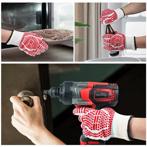 Extreme Heat Resistant Oven Gloves With Five Finger Design For Grill Masters BBQ Cookin Mitts For Cooking Silicone Non Slip Kitchen Gloves For Grilling Baking And Hot Oven Use Red shown handling various tasks