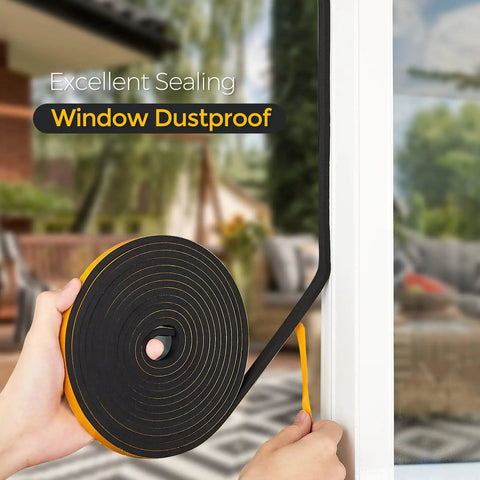 Person applying 33 Feet Weather Stripping Door Seal Kit With 1/2 Inch Wide By 1/4 Inch Thick High Density Foam Tape to a window