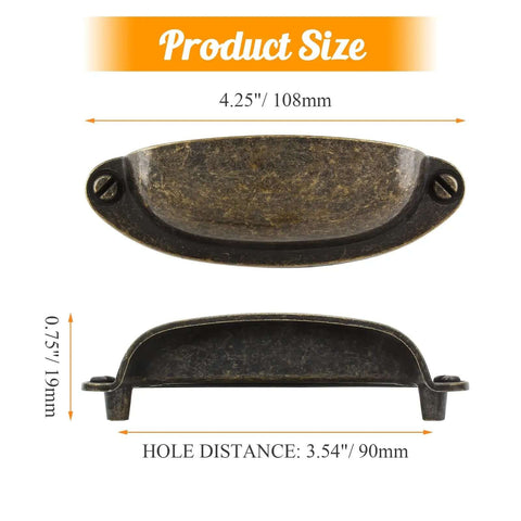 Killer Vintage Shell Cabinet Pulls Featuring A Slick Yellow Bronze Plated Finish And Rugged Zinc Alloy Construction For Smooth Kitchen Cup Drawer Upgrade Plus Complete Premium Mounting Hardware Sets, showing product dimensions.