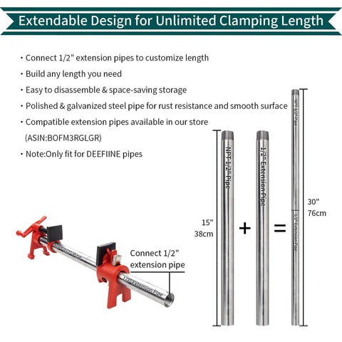 Half Inch Wood Gluing Pipe Clamps Set With 30 Inch Metal Pipe 2 Pack Beefy Heavy Duty Cast Iron H Style Pipe Clamp Fixture Kit